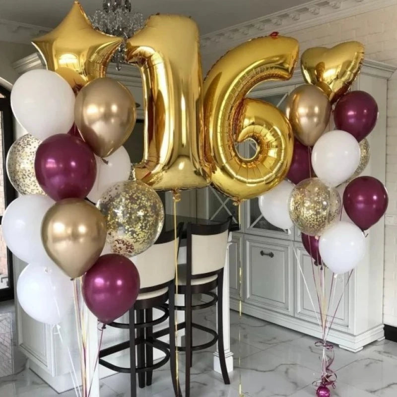 16 NUMBER FOIL BALLOON AND CHROME LATEX BALLOONS BOUQUET