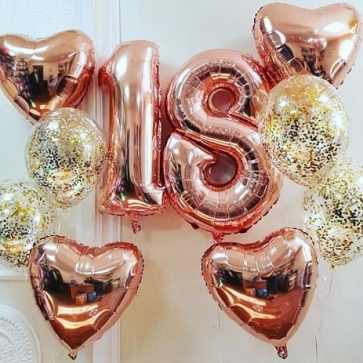 18 Number Foil with Rose Gold Heart Shaped Balloon Bouquet