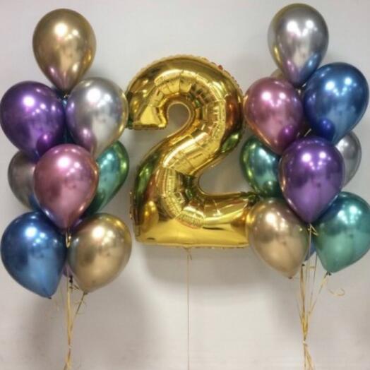 2 * Number Foil with Multi Coloured Chrome Latex Balloons Bouquet