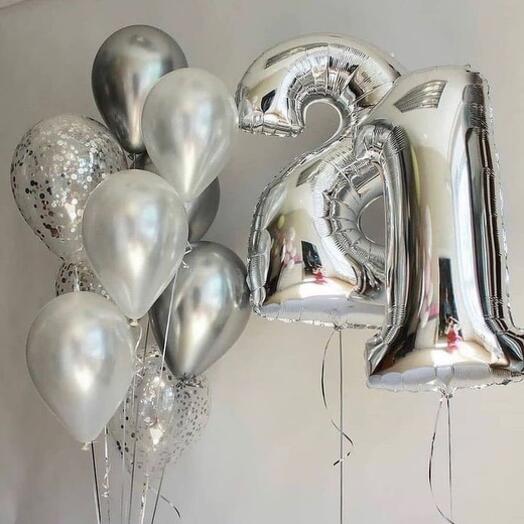 21 FOIL BALLOON WITH SILIVER LATEX BALLOONS BOUQUET