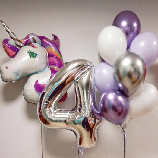 4 NUMBER SILVER FOIL WITH UNICORN FOIL AND LATEX BALLOONS BOUQUET