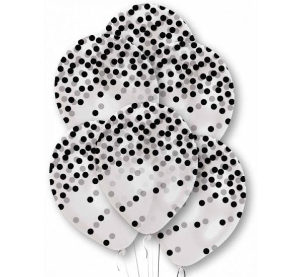Latex balloons with black and silver polka dot pattern