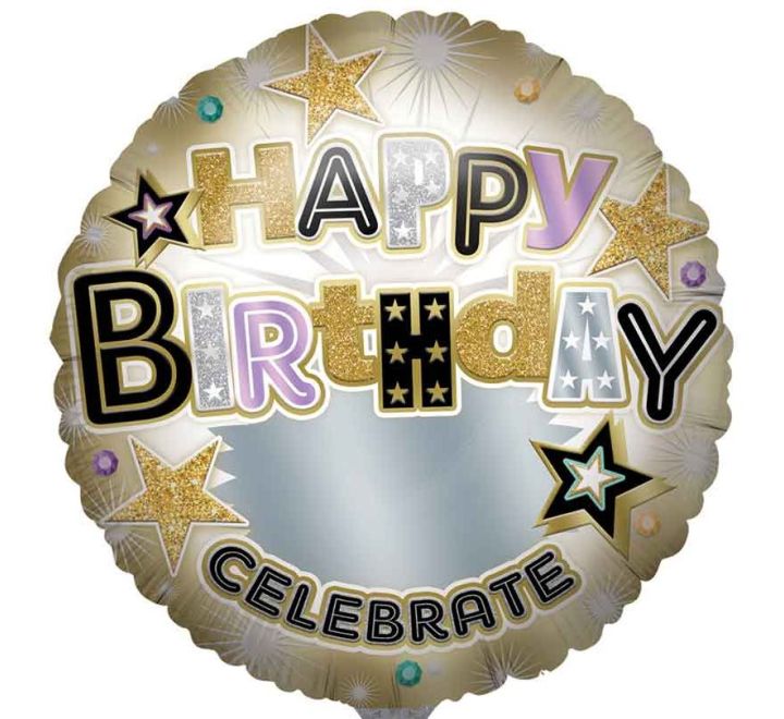 Decorative balloon with 'Happy Birthday Celebrate' text