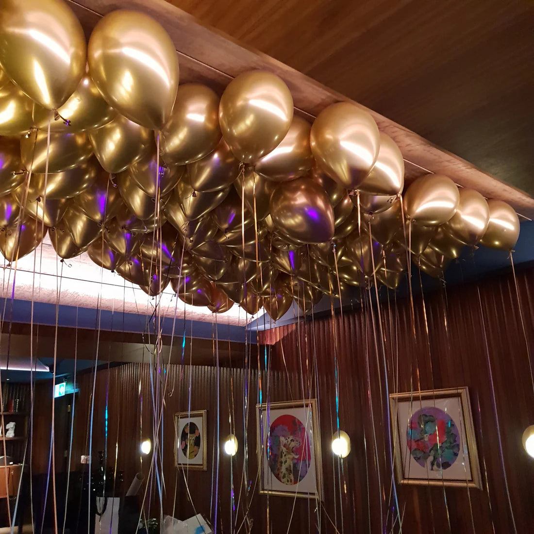 Gold helium ceiling latex balloons with strings