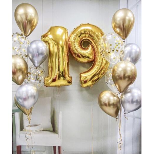 Number 19 gold foil balloons decorated with latex balloon bouquets