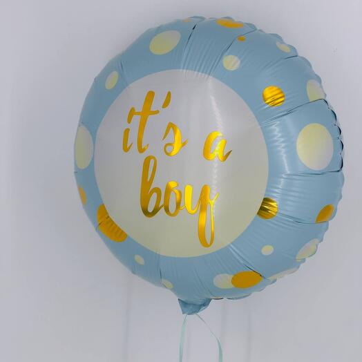 Blue polka dot balloon with 'it's a boy' text