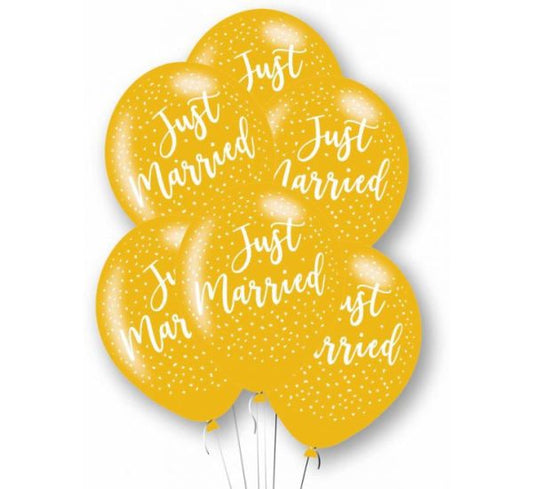 Just Married Yellow Latex Balloons 12'' without Helium (Pack of 6)