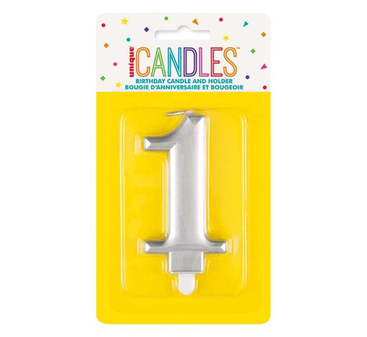 METALLIC SILVER NUMERAL 1 BIRTHDAY CANDLE