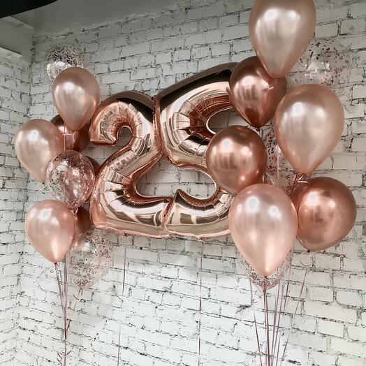 Rose gold balloons with a number 25 balloon in Bouquets