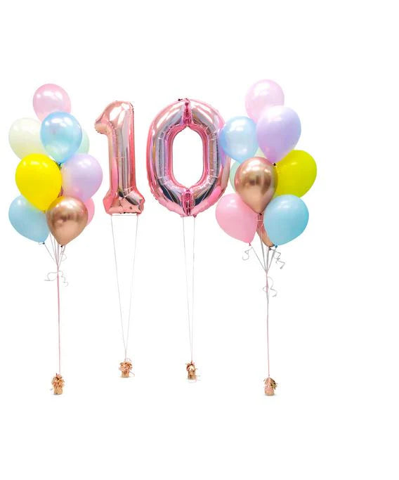 Colorful balloons with a large '10' number balloon