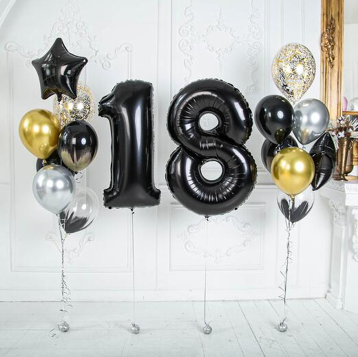 18 NUMBER FOIL BALLOON AND CHROME LATEX BALLOONS BOUQUET