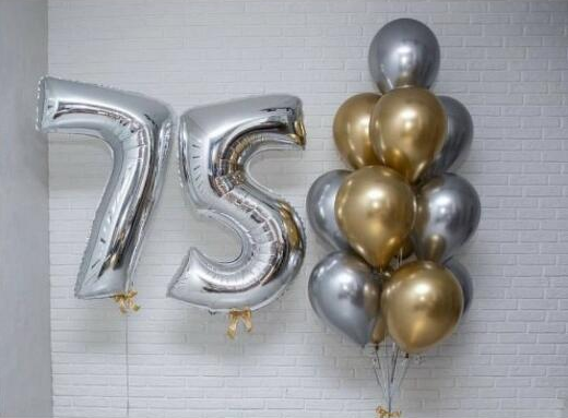 75 Number Foil Balloons with Chrome Silver and Chrome Gold Latex Balloons Bouquet