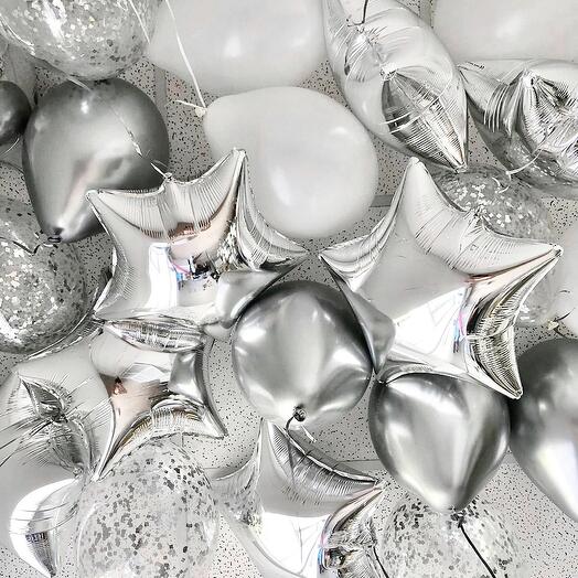 Silver star Foil, Chrome Silver & Confitte Ceiling Latex Balloons