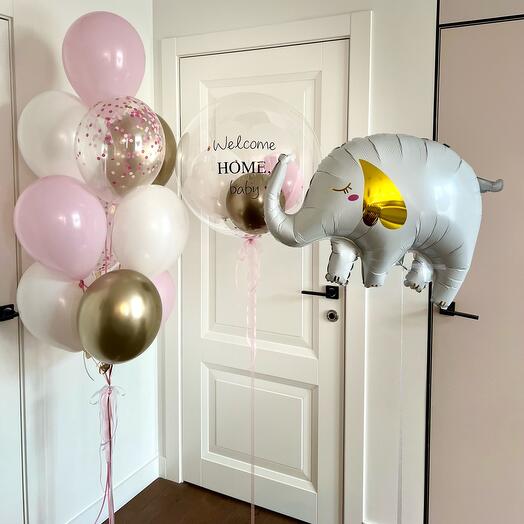 WELCOME HOME BABY WITH FOIL ELEPHANT AND LATEX BALLOONS BOUQUET