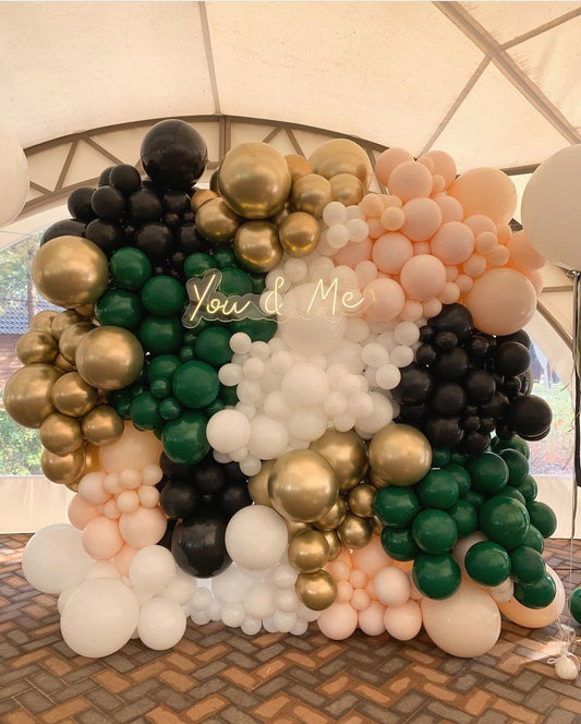 Dark Green with Gold, Blush and White Balloons