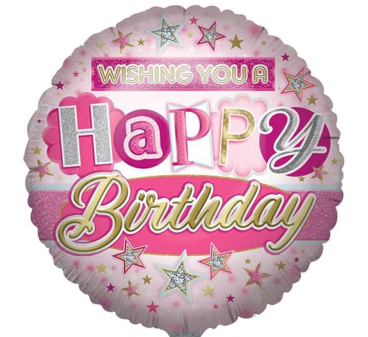 Pink birthday balloon with 'Wishing you a Happy Birthday' text