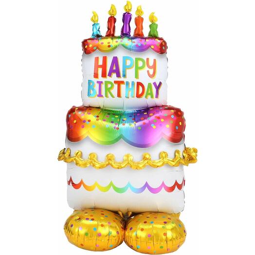 Colorful inflatable birthday cake with candles balloon with 'Happy Birthday' text