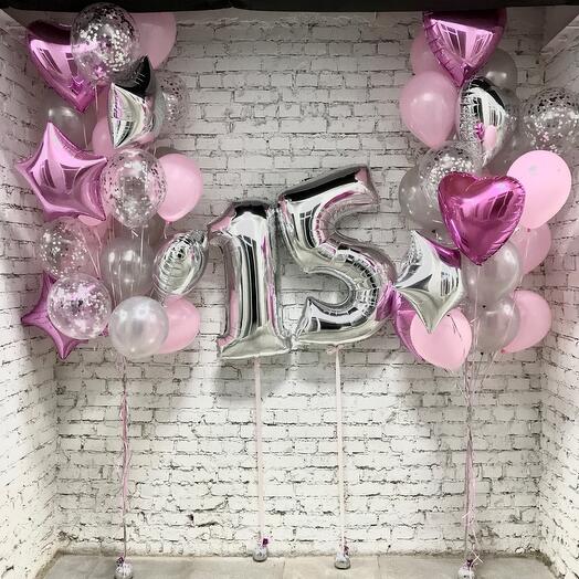 Silver '15' foil balloons with pink and clear balloons