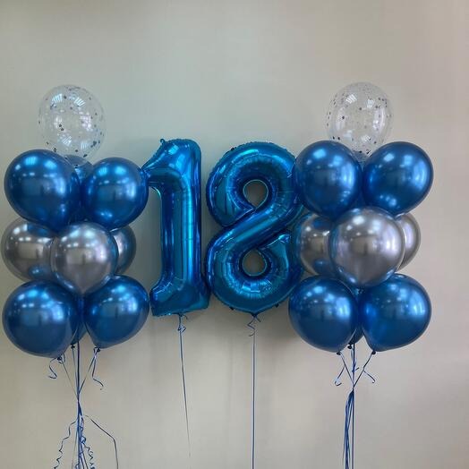 Chrome blue and Chrome silver latex balloons in bunches with a large number '18' foil balloons with weights