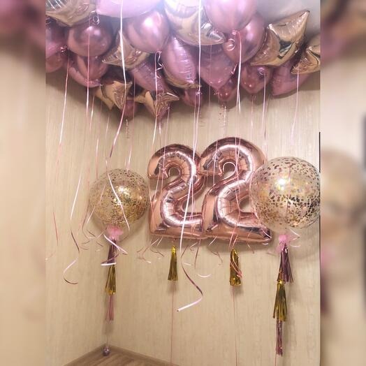 Rose gold '22' balloons with clear with gold confetti balloons and chrome and metallic foil and latex ceiling balloons