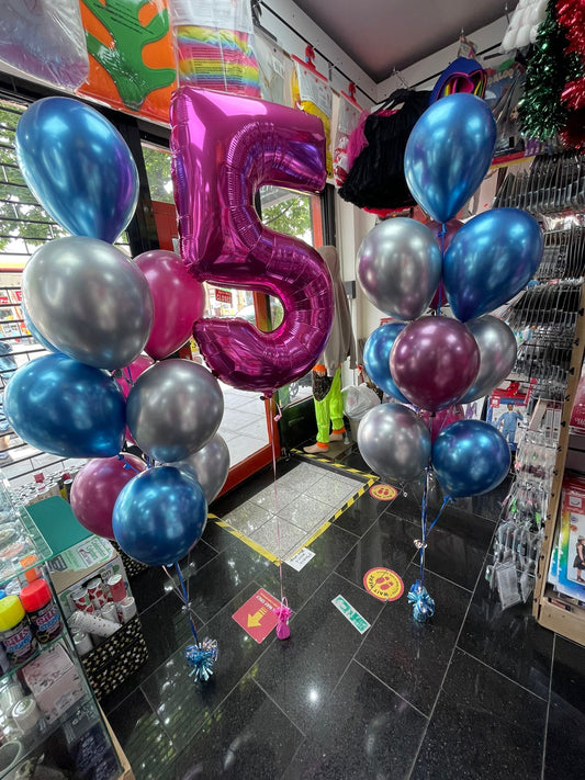 2 * Number 5 Foil with Multi Coloured Chrome Latex Balloons Bouquet