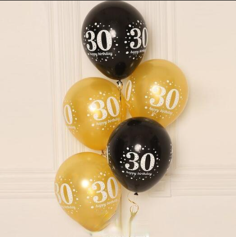 Bunch of black and gold latex balloons with '30 happy birthday' text