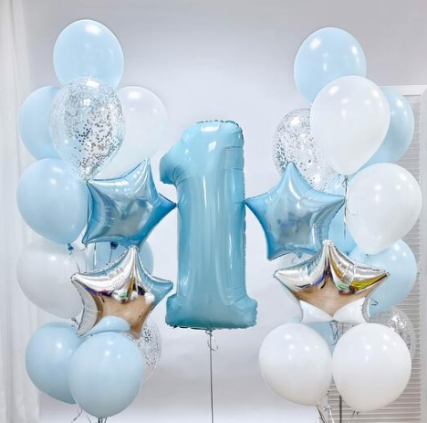 Balloon side bouquets with a baby blue number '1' foil