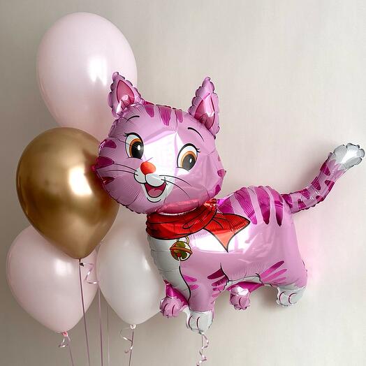 CAT FOIL BALLOON WITH PINK LATEX BALLOONS BOUQUET