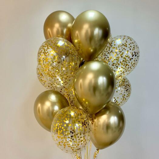 Bouquet of latex clear with confetti and chrome gold balloons