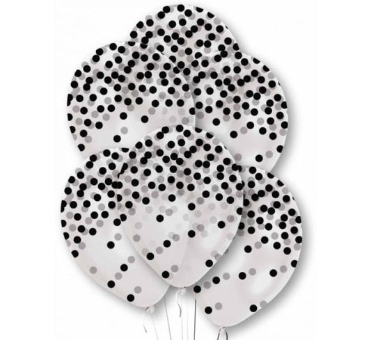 Latex balloons with black and silver polka dot pattern 
