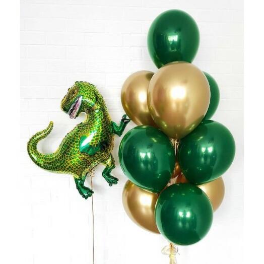 chrome Green and chrome gold balloons with a dinosaur-shaped foil balloon 