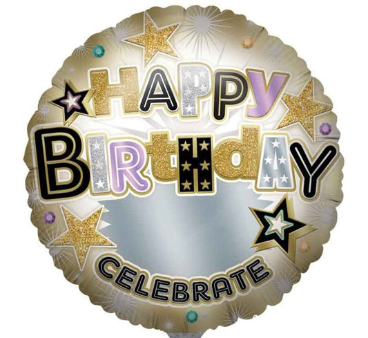 Decorative balloon with 'Happy Birthday Celebrate' text 