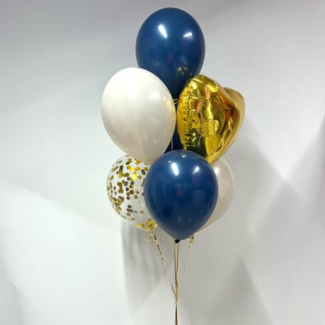 Bouquet of gold foil heart and balloons in blue, cream, and clear with gold confetti