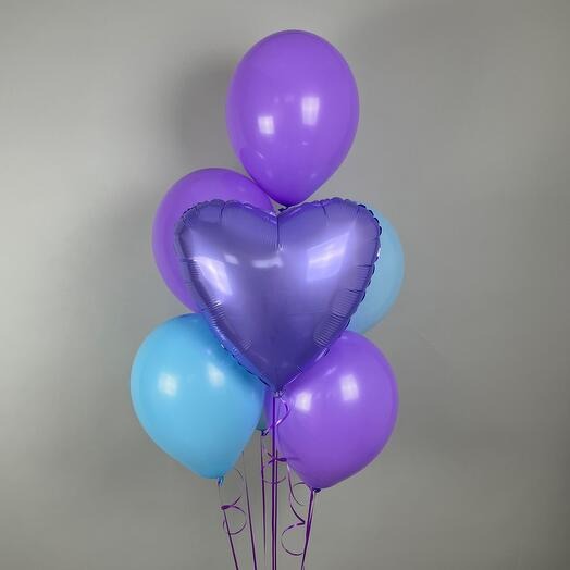 Bouquet of purple and blue latex balloons with a heart-shaped balloon 
