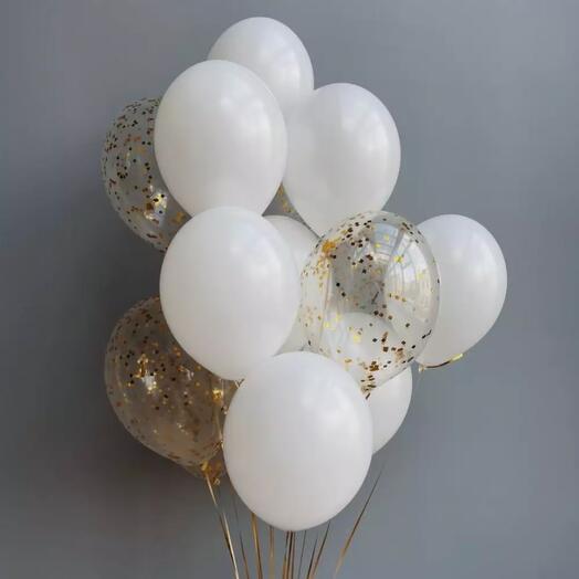 Bunch of white and clear with gold confetti balloons