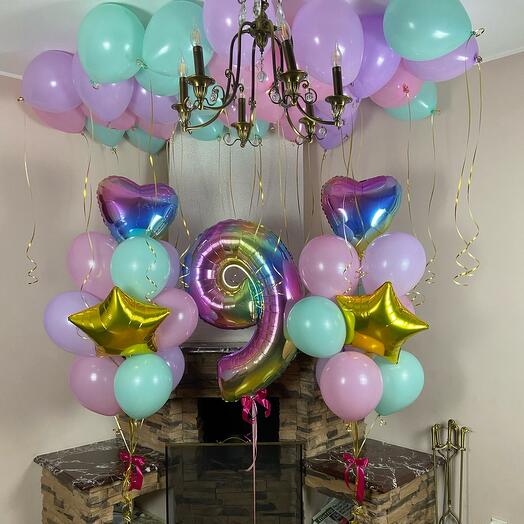 Number 9 Foil Balloon with Latex Balloons Bouquet and Ceiling latex Balloons