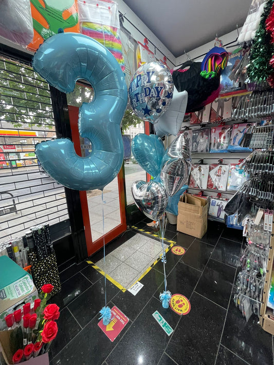 Number 3 Foil Star and Heart Balloons Bouquet