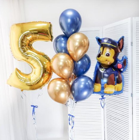 Gold number 5 balloon, blue and gold balloons, and a Paw Patrol balloon with a dog character