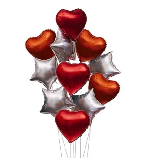 Bouquet of red heart-shaped and silver star-shaped balloons 