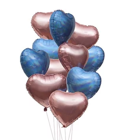 Bouquet of heart-shaped balloons in rose gold and blue