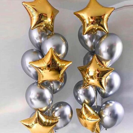 GOLD STAR FOIL BALLOONS WITH SILIVER CHROME LATEX BALLOONS BOUQUETS