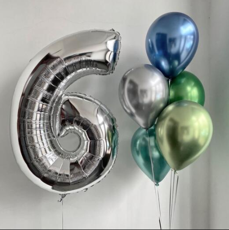 NUMBER 6 SILVER FOIL BALLOON WITH CHROME LATEX BALLOONS BOUQUET