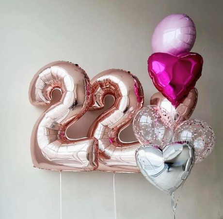Number 22 and Heart shape foil balloons with Latex Balloons bouquet
