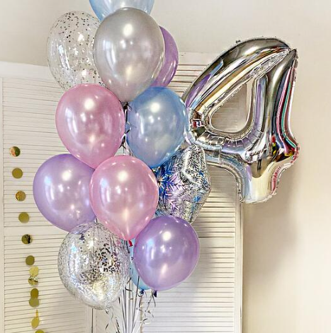 Decorative balloons with a foil silver number '4' 
