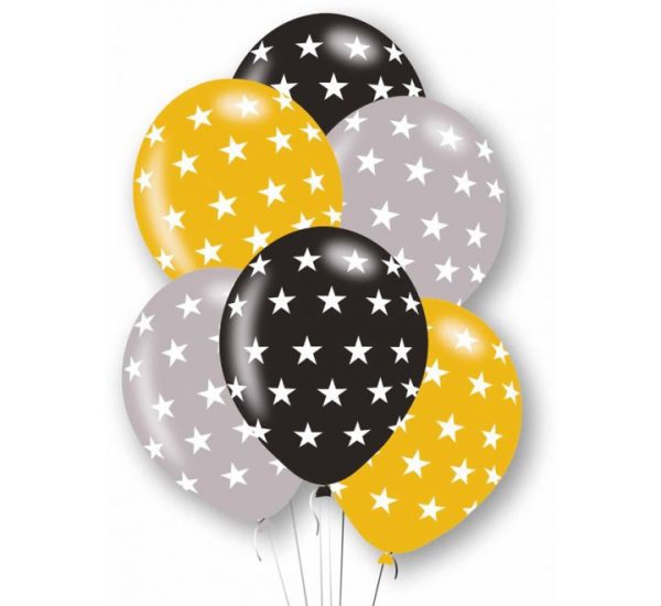 Balloons with star patterns in yellow, black, and gray 