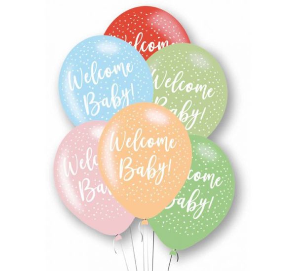 Colorful balloons with 'Welcome Baby!' text 