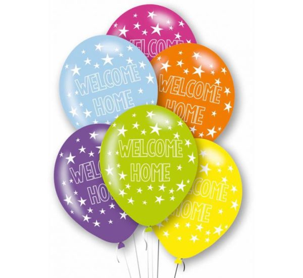Colorful balloons with 'Welcome Home' text 