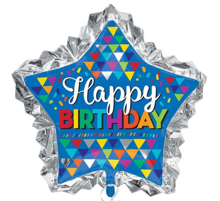 Star-shaped birthday balloon with colorful 'Happy Birthday' text 