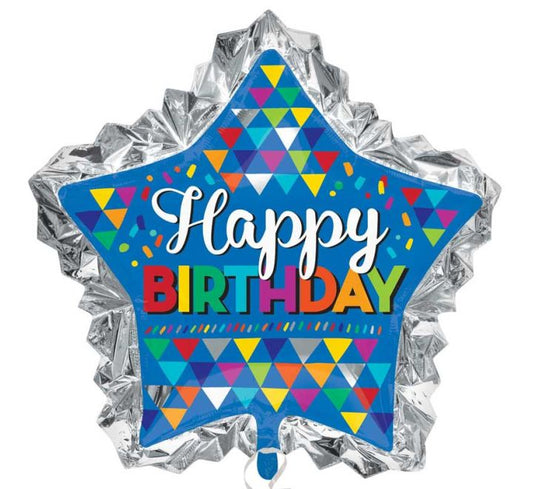 Star-shaped birthday balloon with colorful 'Happy Birthday' text 