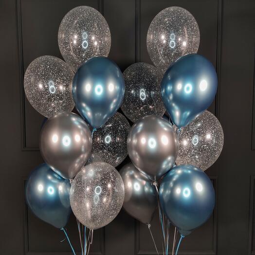 bunch of blue, silver, and clear with confetti latex balloons 